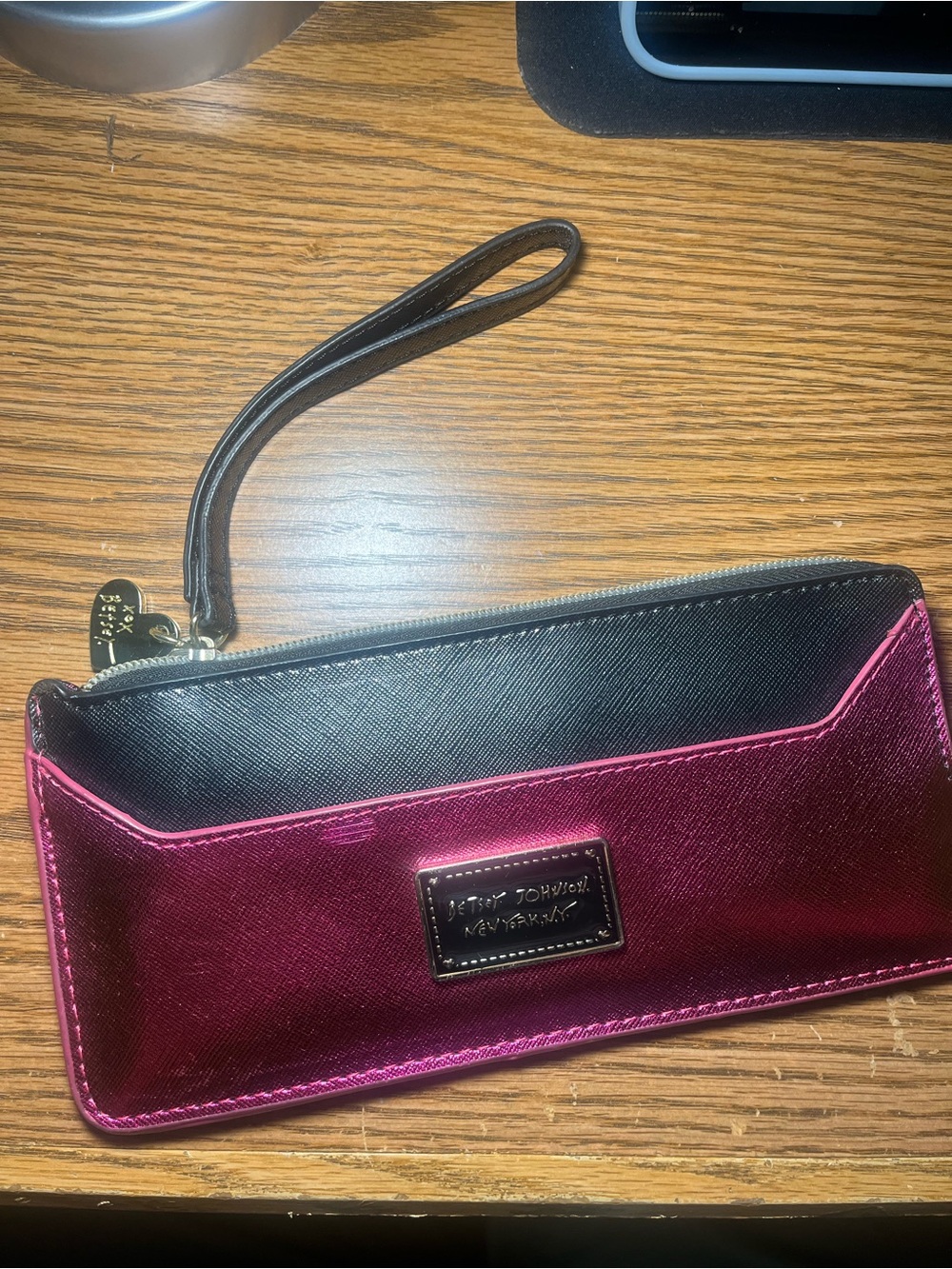 Betsey Johnson Metallic Fuchsia and Black Wristlet
